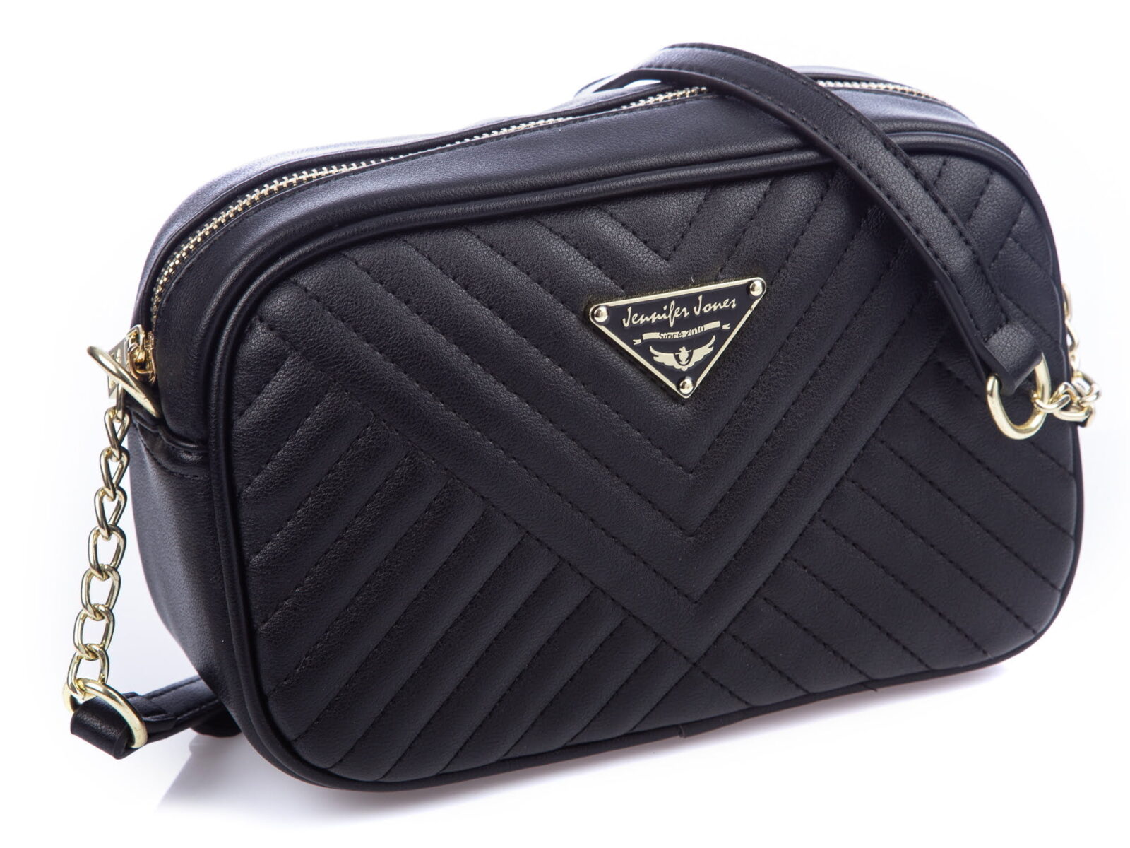 Czarna channelka damska z paskiem na złotym łańcuszku