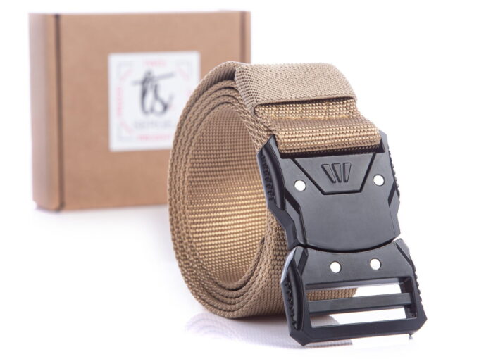 IMG_1672 Beżowy pasek męski z czarną klamrą parciany wojskowy SERGEJ MONTANA