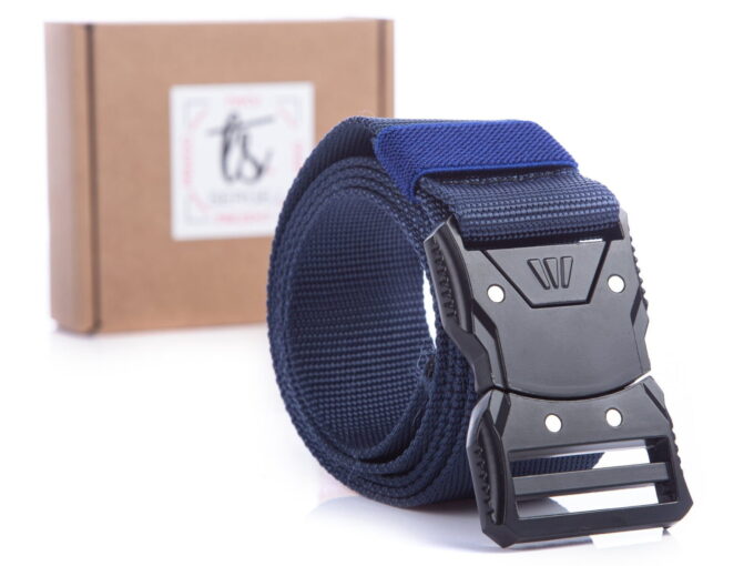 Granatowy parciany pasek z czarną kalmrą z przyciskiem SERGEJ MONTANA