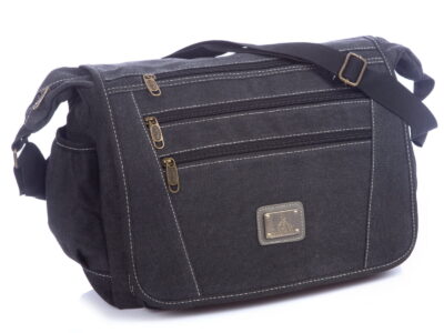 Pojemna płócienna szara torba męska na ramię z klapą i wieloma kieszonkami ORMI lekka