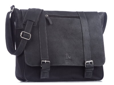 Czarna torba męska na ramię skórzana z klapką w stylu vintage z canvasem SERGEJ