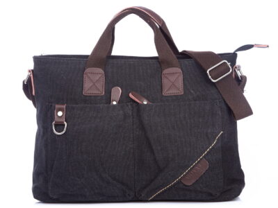 Szara płócienna duża torba z brązowymi wstawkami do pracy i na uczelnię damska, oraz męska