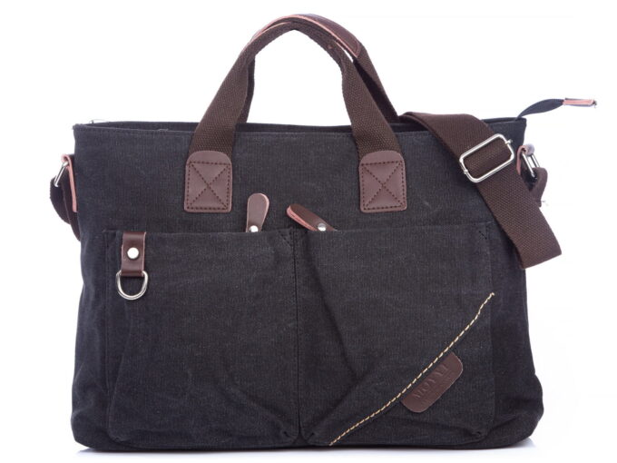 Szara płócienna duża torba z brązowymi wstawkami do pracy i na uczelnię damska, oraz męska