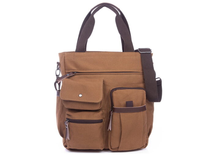 Brązowa pionowa torba płocienna w stylu vintage na laptopa