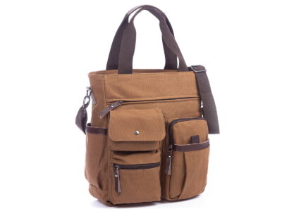 Pionowa torba brązowa z wieloma kieszeniami z przodu