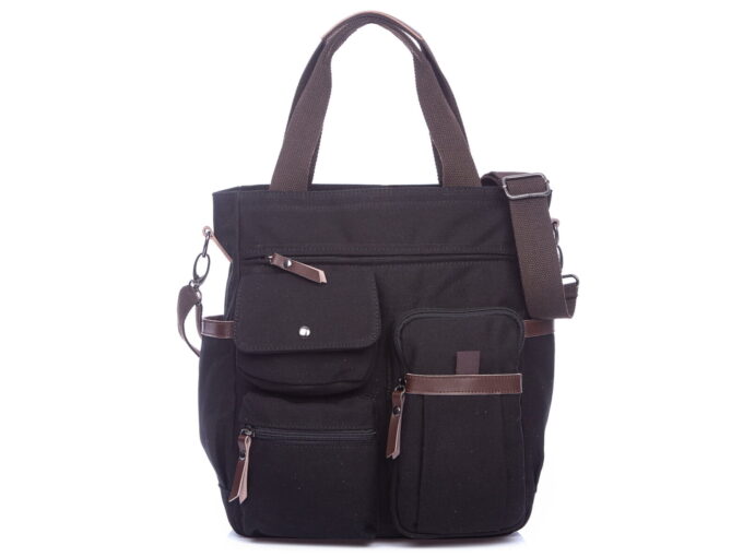 Torba z dużą liczbą kieszeni na przodzie czarna z canvasu