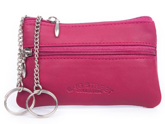 Różowa saszetka na klucze ze skóry naturalnej na zamek błyskawiczny