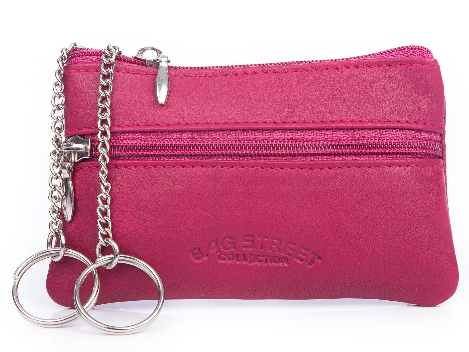 Różowa saszetka na klucze ze skóry naturalnej na zamek błyskawiczny