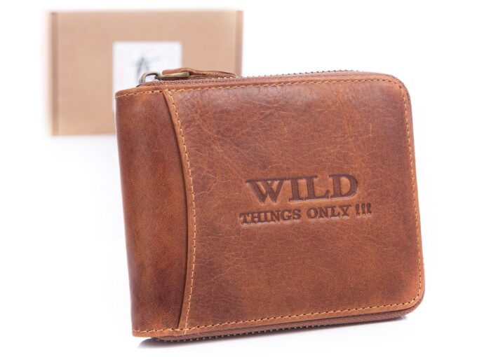 Brązowy skórzany portfel męski zapinany dookoła na zamek z RFID