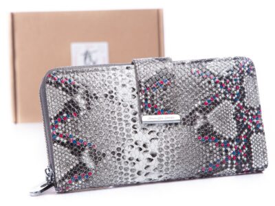 Duży poziomy portfel damski skóra węża z kolorowymi kropkami