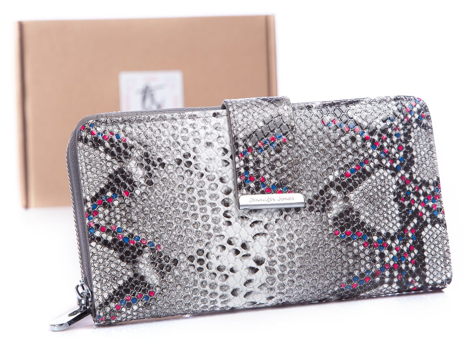 Duży poziomy portfel damski skóra węża z kolorowymi kropkami
