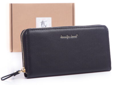 Czarny prostokątny portfel damski duży zamykany dookoła na suwak