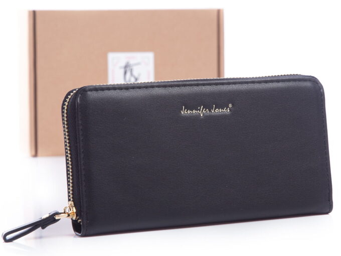 Czarny prostokątny portfel damski duży zamykany dookoła na suwak