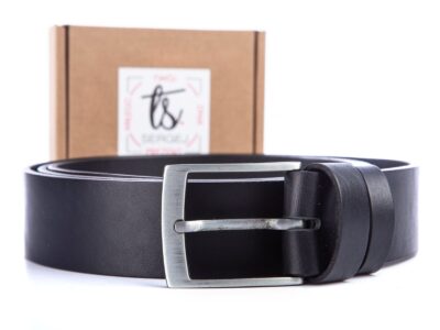 Skórzany czarny pasek męski do spodni z klamra metalową srebrną