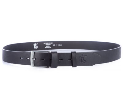 Elegancki czarny pasek męski do garnituru z grubej skóry naturalnej licowej