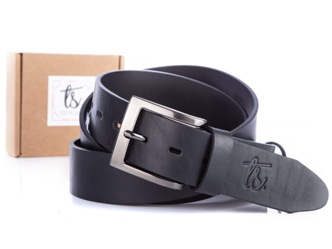 Czarny skórzany szeroki pasek męski do spodni z elegancką srebrną klamrą klasyczną