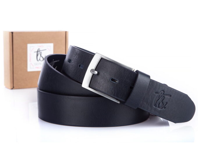 Granatowy pasek męski do spodni z grubej skóry naturalnej z klamra klasyczną srebrną SERGEJ