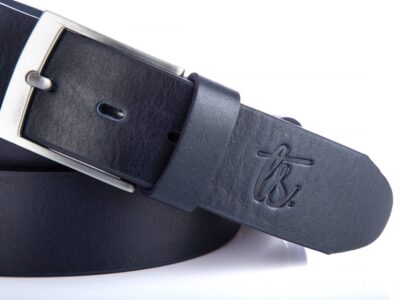 Bardzo długi pasek męski do spodni z grubej skóry naturalnej XXL granatowy SERGEJ - obrazek 2