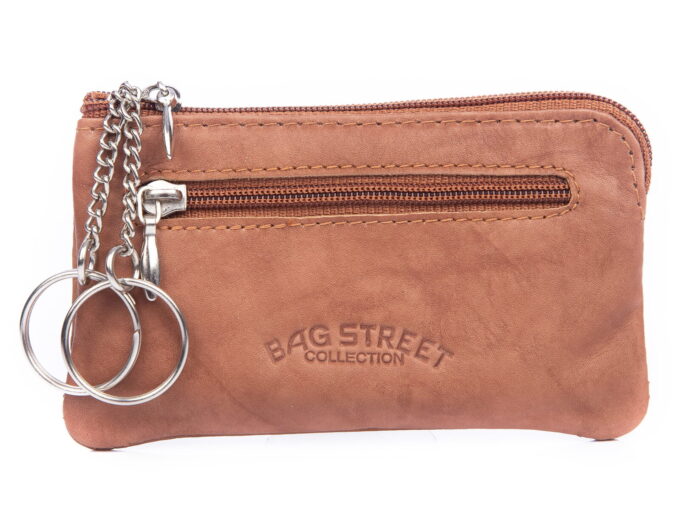 Jasnobrązowe etui na klucze z miękkiej skóry naturalnej zapinane na zamek