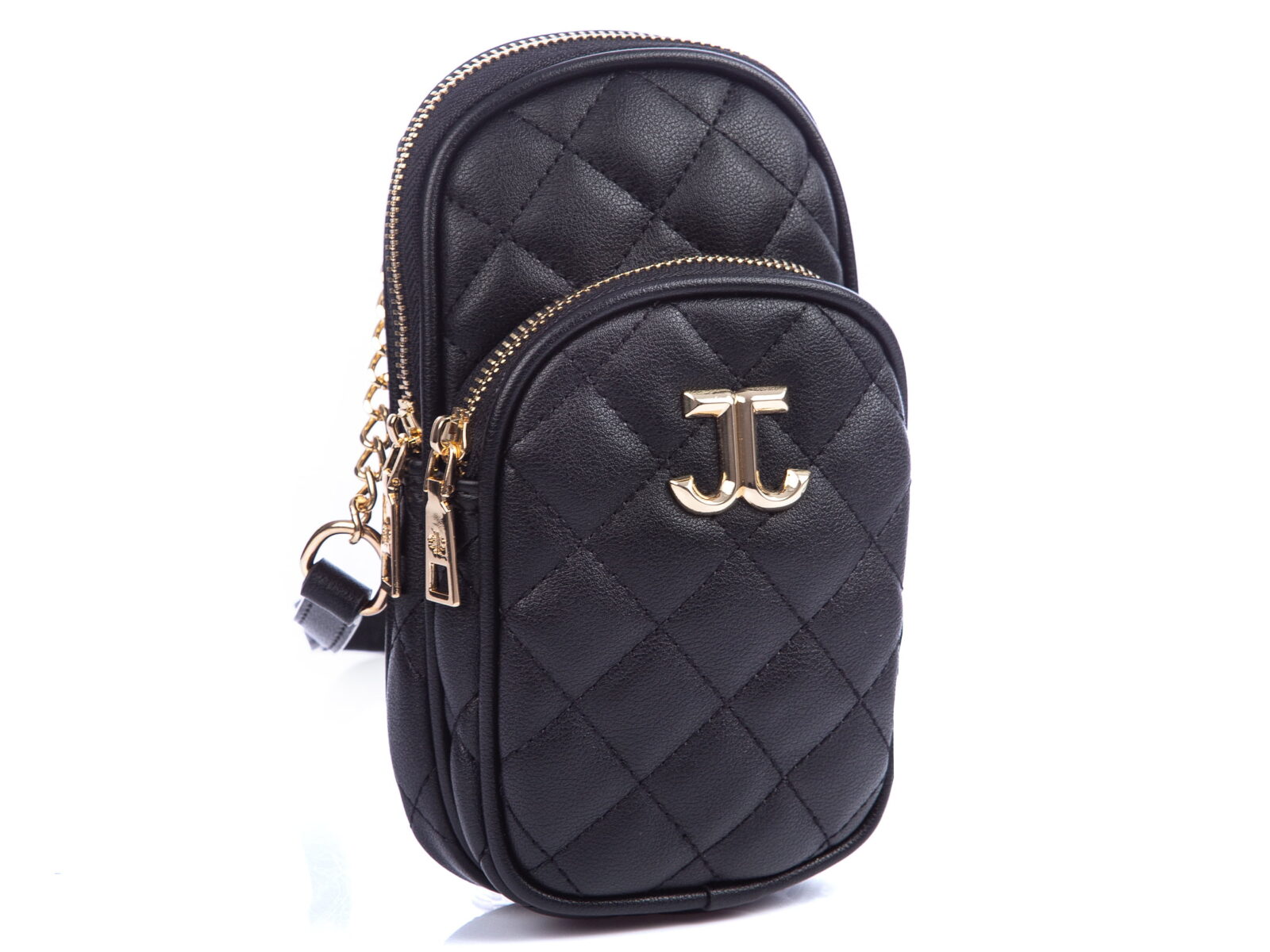 Czarna pikowana mini-torebka damska z paskiem na szyję Jennifer Jones paszportówka wieczorowa