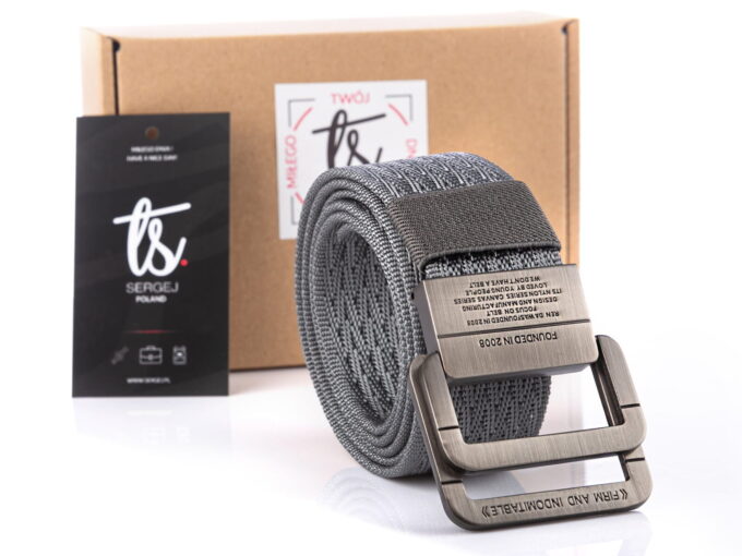 Szary mocny pasek męski do spodni materiałowy z metalową klamrą SERGEJ 2008