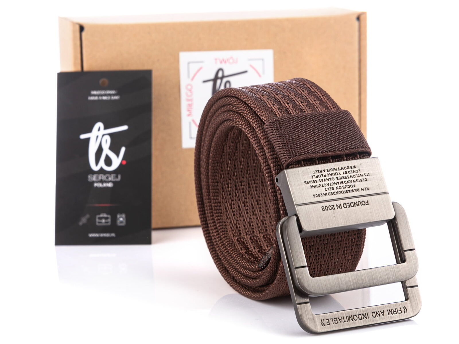 SERGEJ Pasek męski do spodni wojskowy nylonowy z klamrą aluminiową model 2008 ciemny brąz