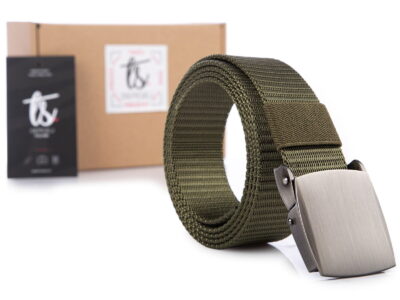 Zielony parciany pasek męski do spodni z metalową klamrą małą smukłą zaciskową SERGEJ VIPER