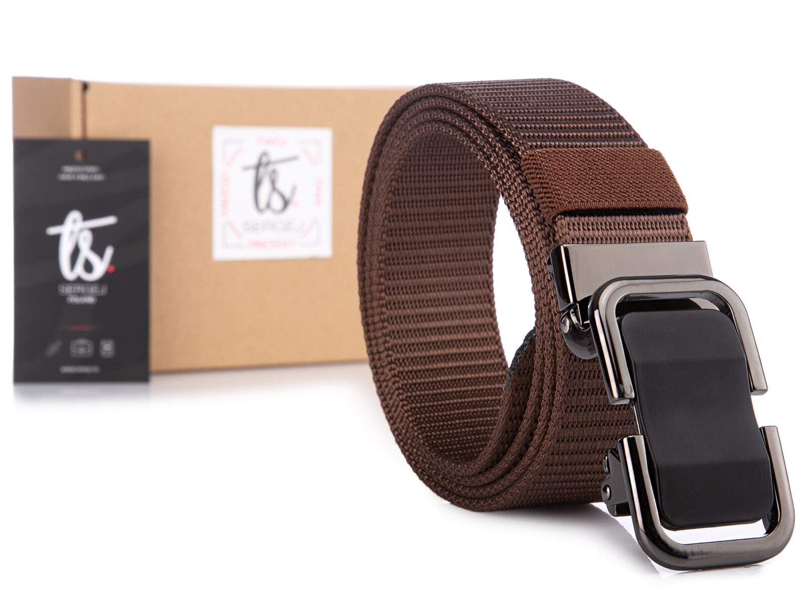 Brązowy pasek męski do spodni z klamrą automatyczną parciany