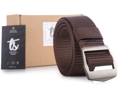 Brązowy mocny nylonowy pas męski do spodni z klamrą metalową zaciskaną