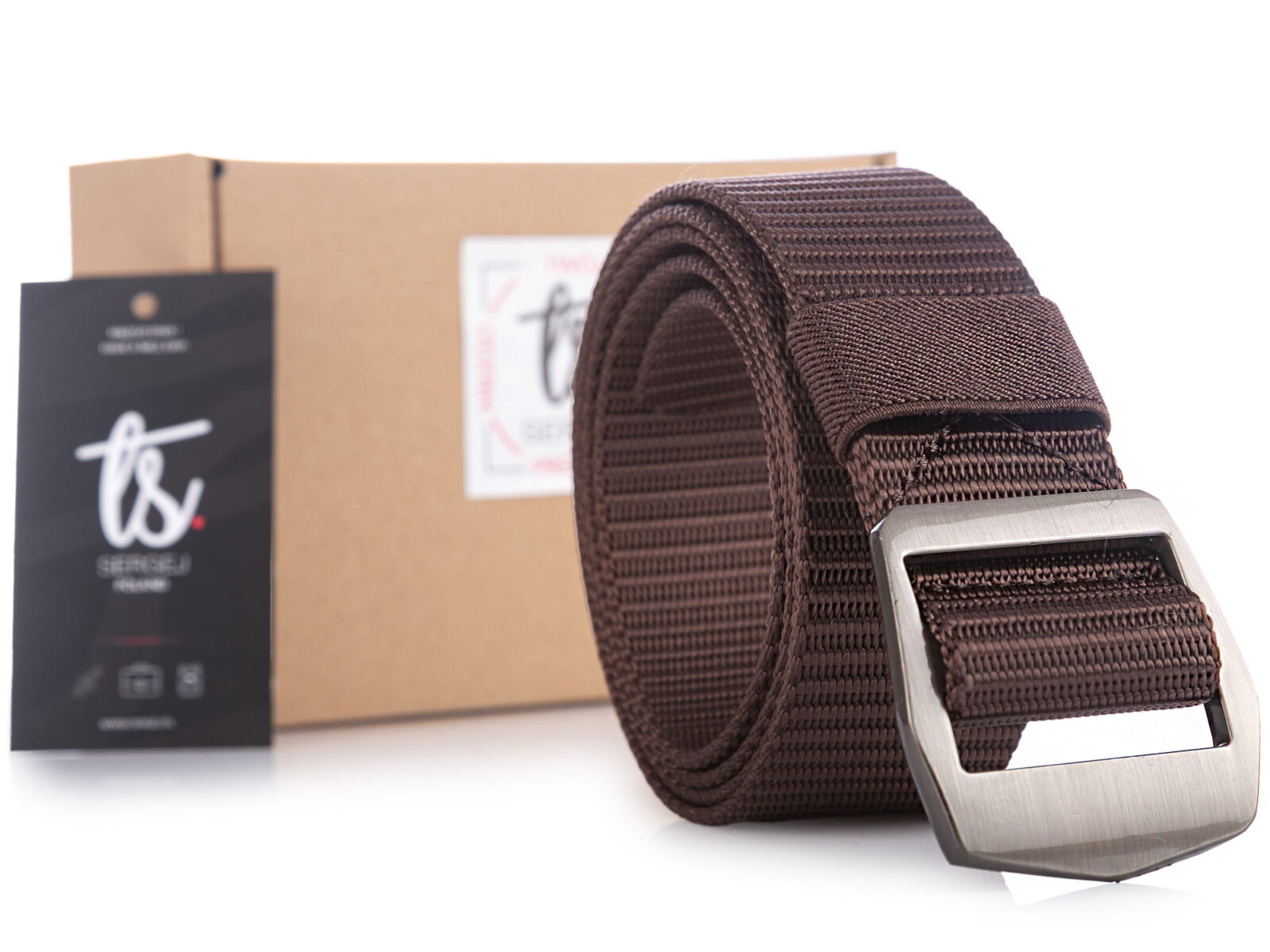 Brązowy mocny nylonowy pas męski do spodni z klamrą metalową zaciskaną