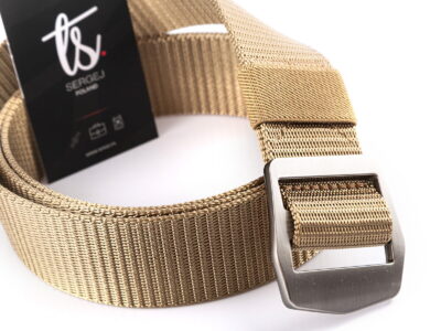 Mocny materiałowy pasek męski do spodni z metalową klamrą beżowy SPARTAN - obrazek 2