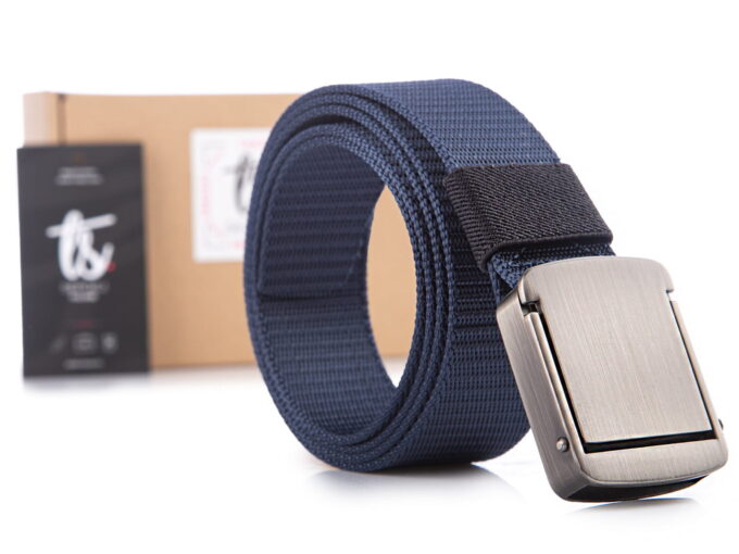 Granatowy pasek męski do spodni w wojskowym stylu z klamrą zaciskową metalową