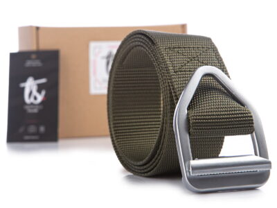 Zielony mocny szeroki pas taktycnzy do spodni z klamrą zaciskową trójkątną SERGEJ BERMUDA