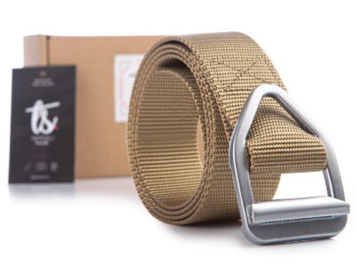 Beżowy pas wojskowy do spodni z klamrą metalową zaciskową trójkatną