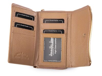 Elegancki beżowy portfel damski z kieszenią na monety zapinaną na zamek - obrazek 4