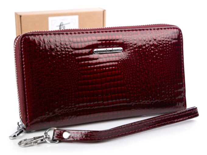 Bordowy portfel damski kopertowy piórnik lakierowany na zamek Jennifer Jones