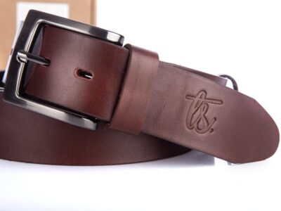 Pasek męski do spodni z grubej skóry naturalnej brązowy SERGEJ 125 cm - obrazek 2