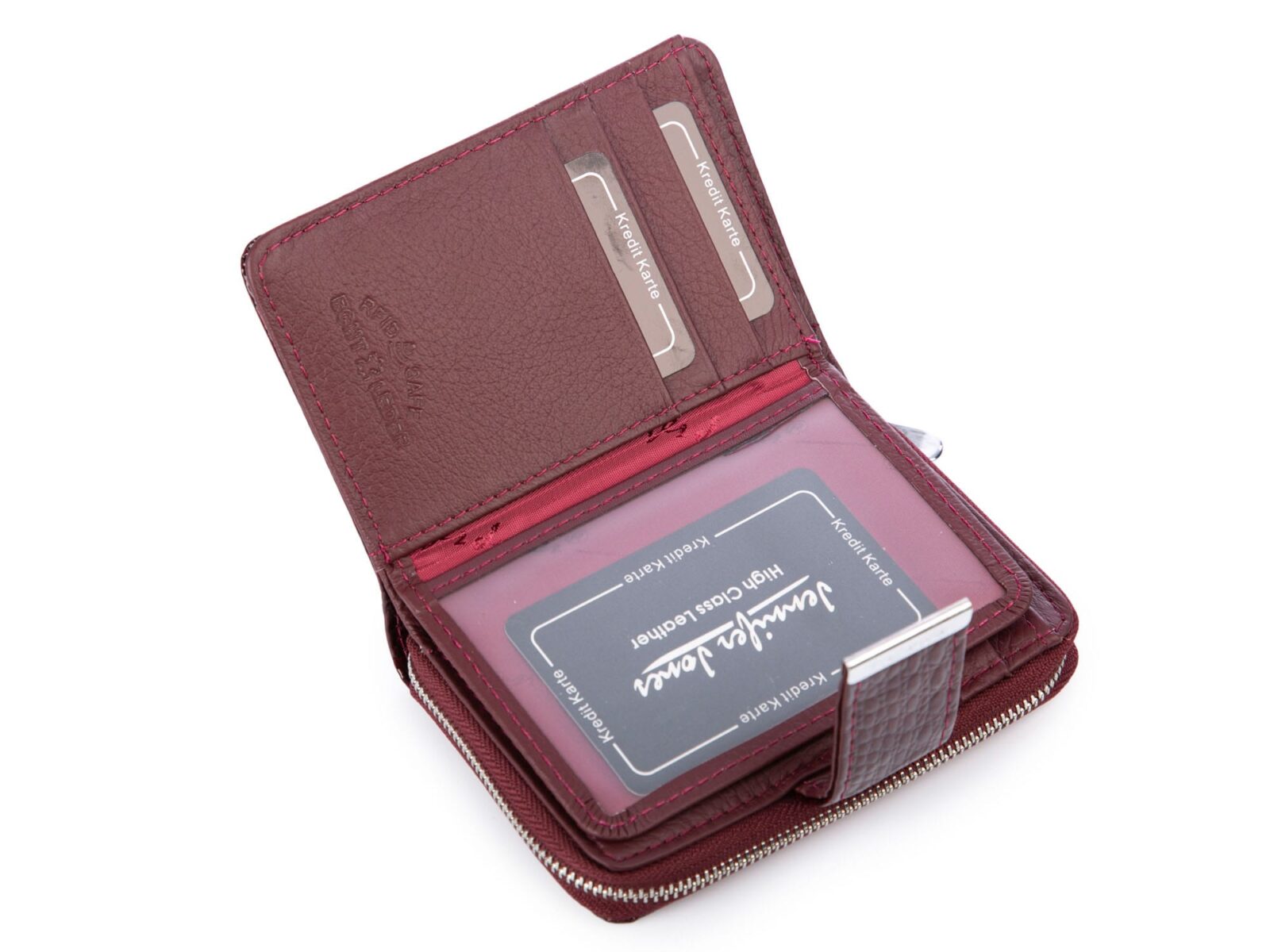 Otwarty bordowy lakierowany portfel damski z przegrodami RFID, zbliżenie na wnętrze