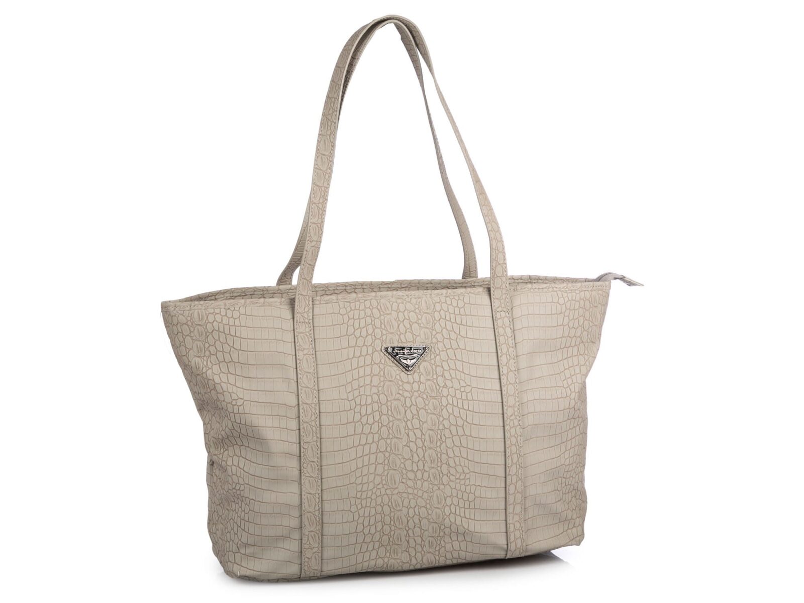 a0934ad0b04c1337fa9662b90ced9fe8.jpg Duża i pojemna torba damska typu shopper-bag w kolorze szarym z tłoczeniem imitującym wygląd skóry krokodyla Jennifer Jones.