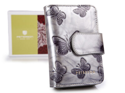 Średni srebrny portfel damski w motylki skórzany lakierowany PETERSON z RFID