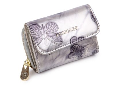 Mały portfel damski PETERSON Srebrny w granatowe motylki RFID - obrazek 2
