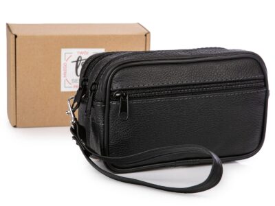 Dwukomorowa saszetka męska do ręki z mocowaniem do paska ze skóry naturalnej