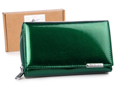 Duży lakierowany portfel damski gładka tafla lakieru jennifer Jones z wzorkiem w metaliczne linie zielony butelkowy