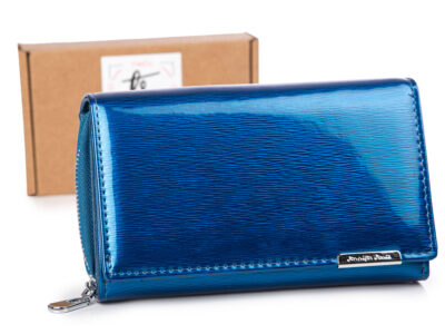 Duży lakierowany portfel damski gładka tafla lakieru jennifer Jones z wzorkiem w metaliczne linie niebieski