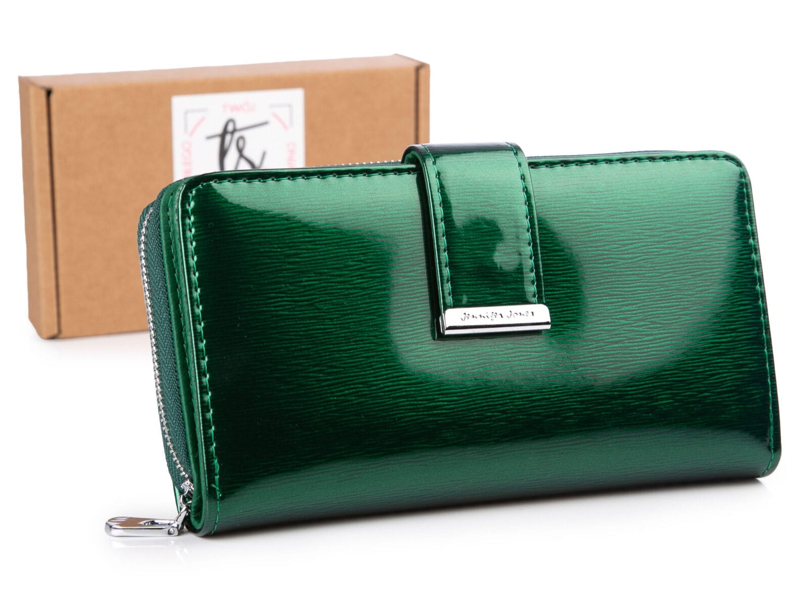 Zielony Portfel damski butelkowa zieleń Jennifer Jones błyszczący