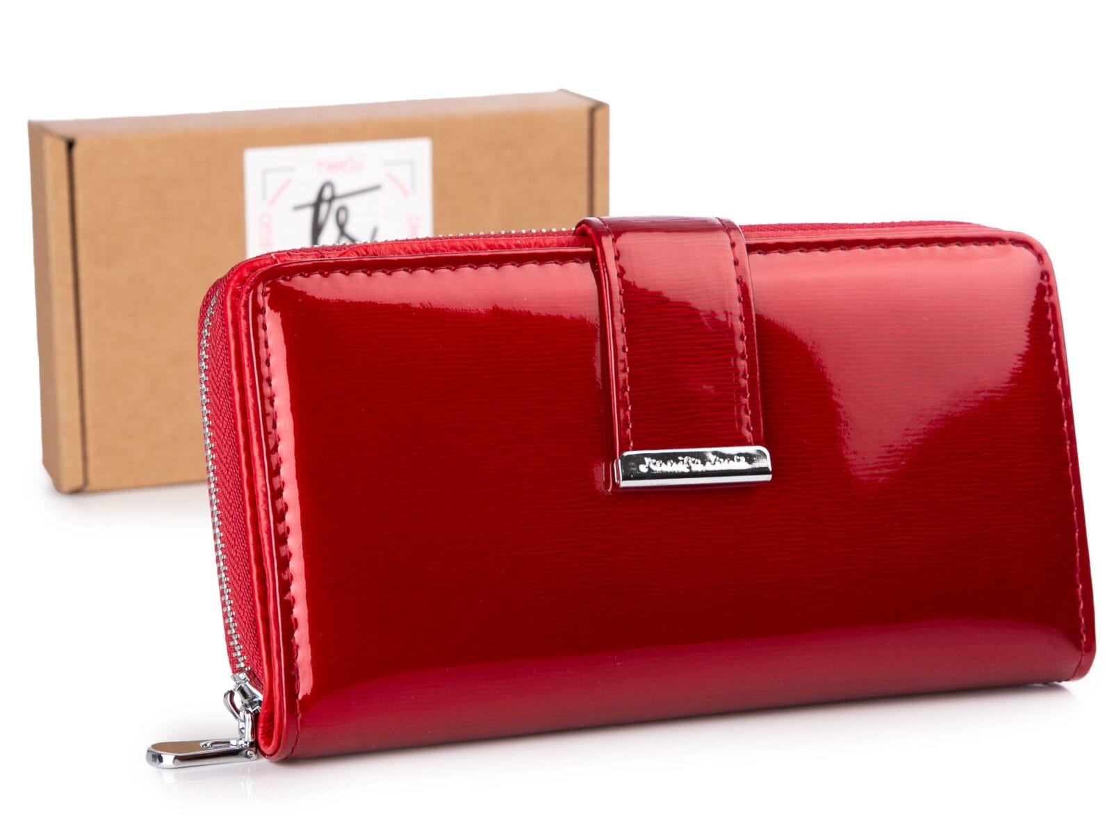 Czerwony Portfel damski Jennifer Jones błyszczący metaliczny w linie