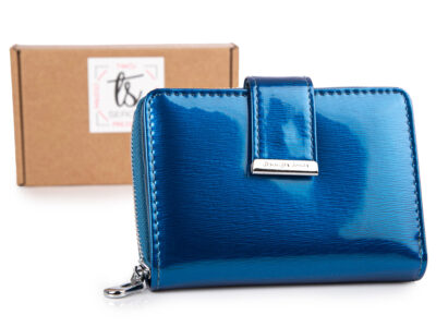 Niebieski lakierowany portfel damski Jennifer Jones w tafli lakieru