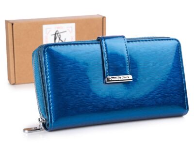 Niebieski Portfel damski Jennifer Jones błyszczący metaliczny w linie