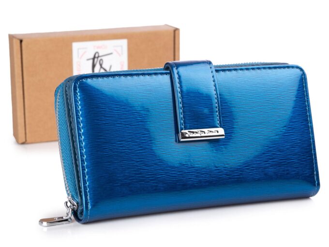 Niebieski Portfel damski Jennifer Jones błyszczący metaliczny w linie