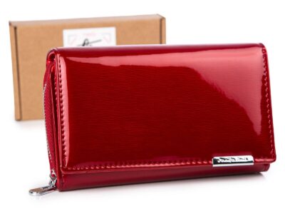 Duży lakieorwany portfel damski gładka tafla lakieru jennifer Jones z wzorkiem w metaliczne linie